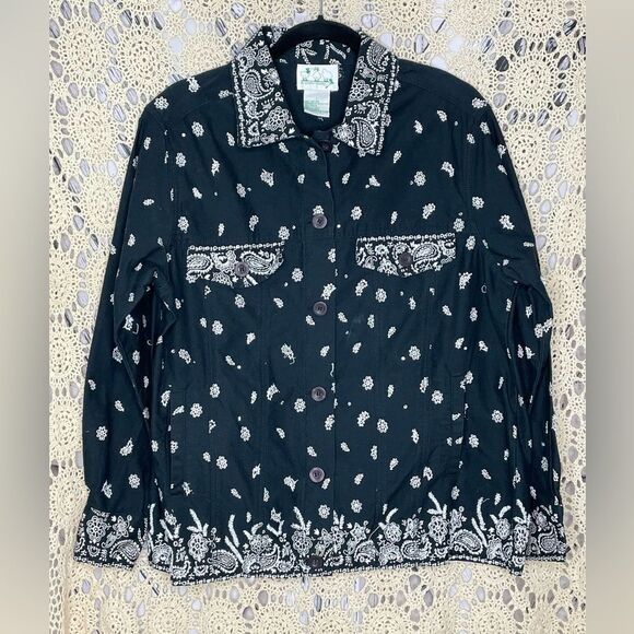 Quaker Factory Black Bandana Denim Jacket L - Picture 1 of 7